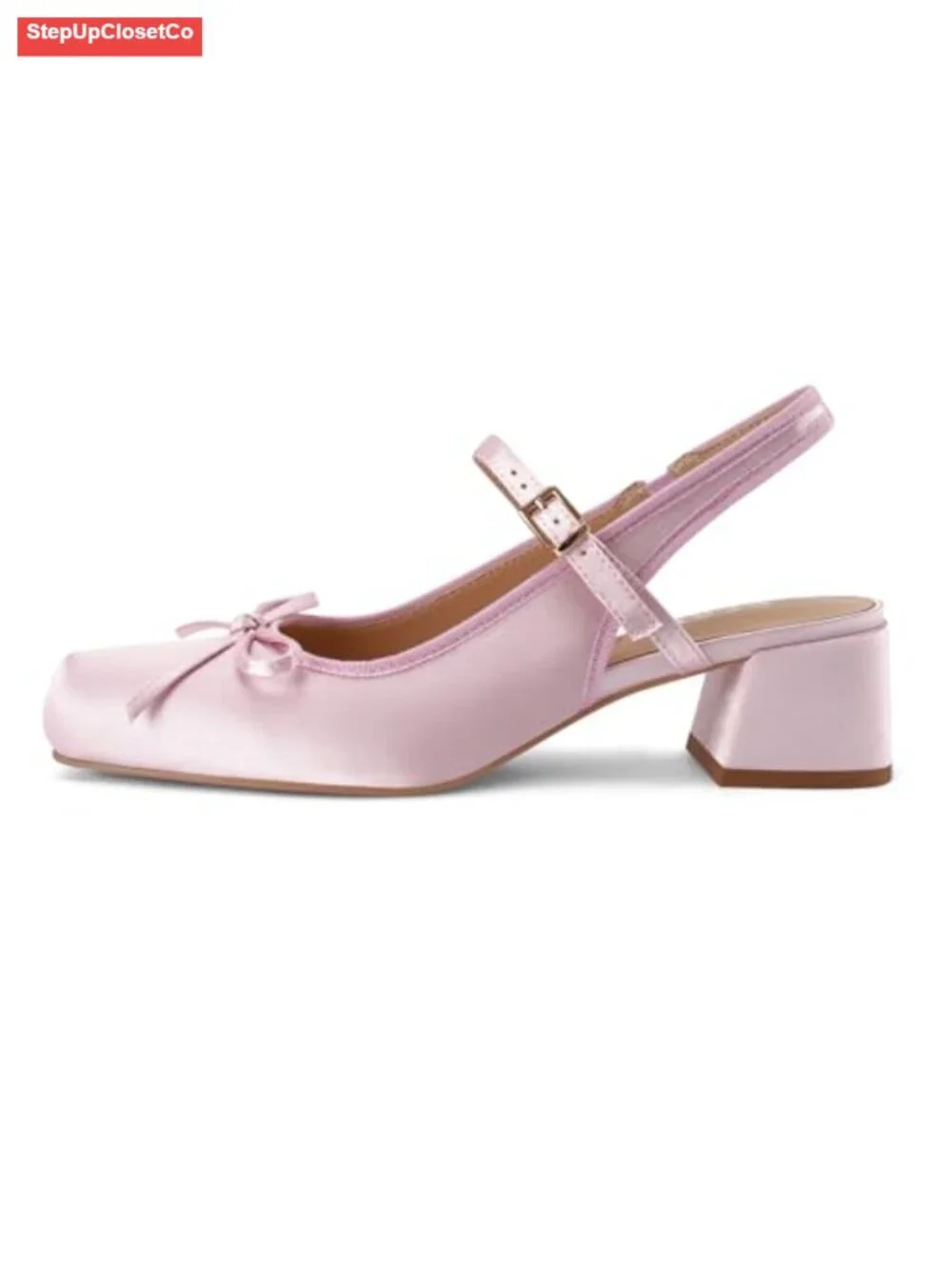 Pink Square Toe Slingback Heels Ballet Chunky Low Block Heel Pumps